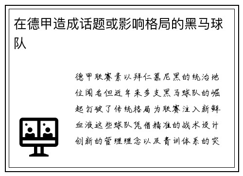 在德甲造成话题或影响格局的黑马球队