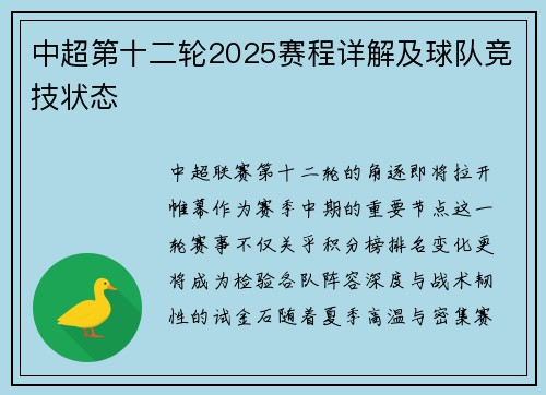 中超第十二轮2025赛程详解及球队竞技状态